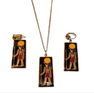 ERM Egyptian Revival Jewelry Black Enamel Goldtone Earring Necklace Set